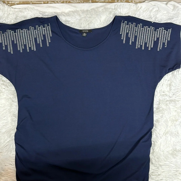 Espresso Royal Blue Cold-shoulder Blouse with silver accents. Gathers at side - Picture 5 of 8